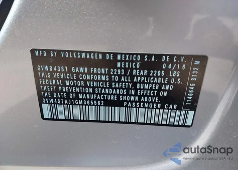 2016 Volkswagen Jetta 2.0T Gli Sel z USA, uszkodzony, nr VIN 3VW4S7AJ1GM365562